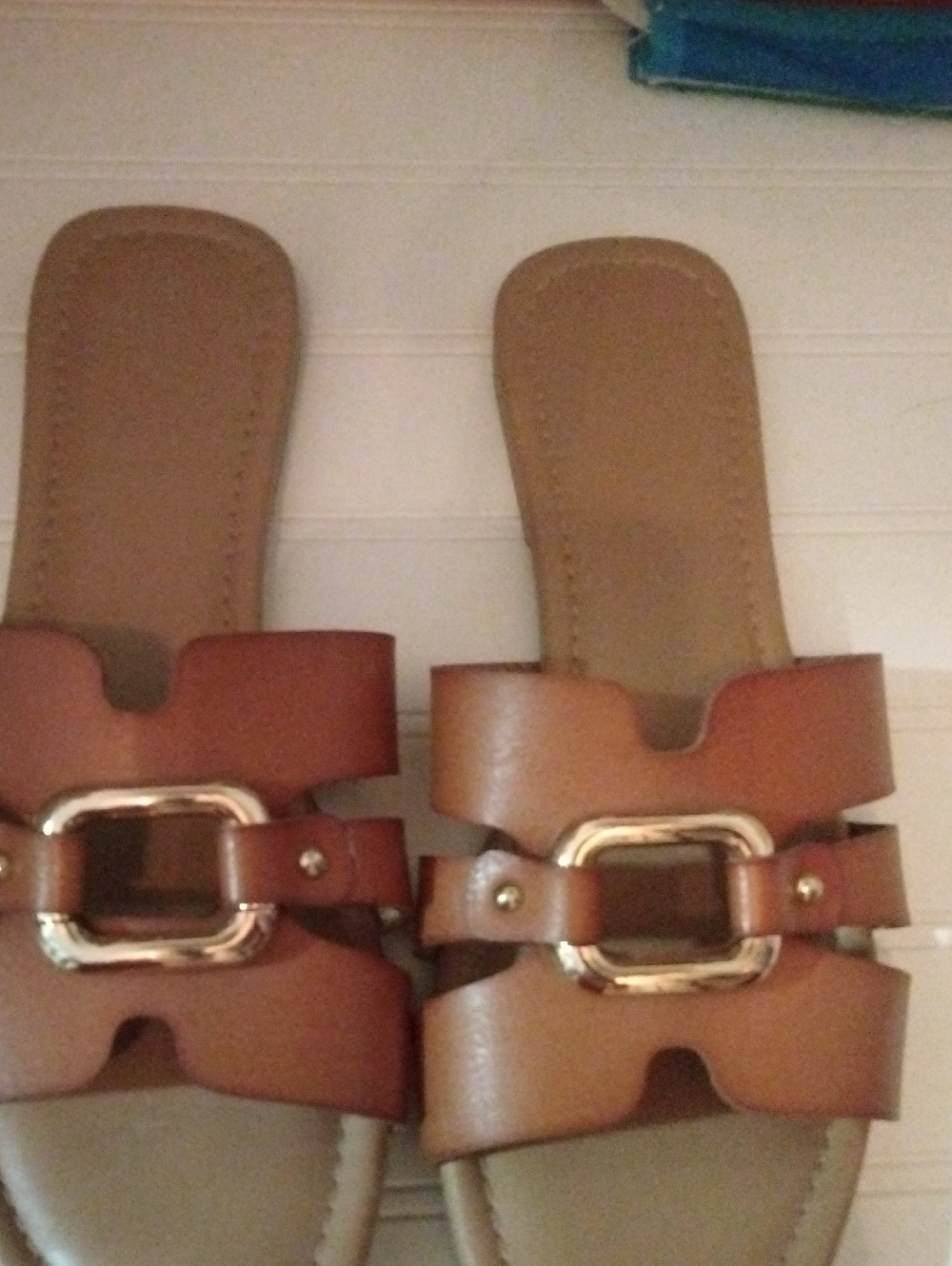Time and Tru Brown Slide Sandals with Gold Buckle